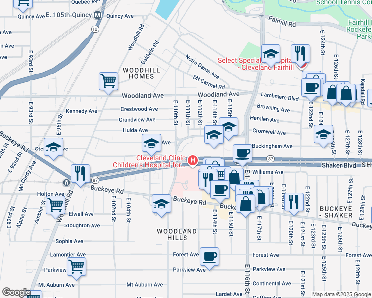 map of restaurants, bars, coffee shops, grocery stores, and more near 111 East Boulevard in Cleveland