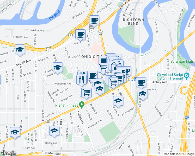 map of restaurants, bars, coffee shops, grocery stores, and more near 2820 Jay Avenue in Cleveland