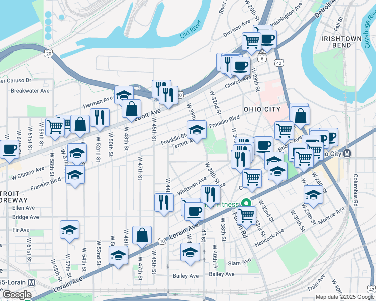 map of restaurants, bars, coffee shops, grocery stores, and more near 4107 Franklin Boulevard in Cleveland