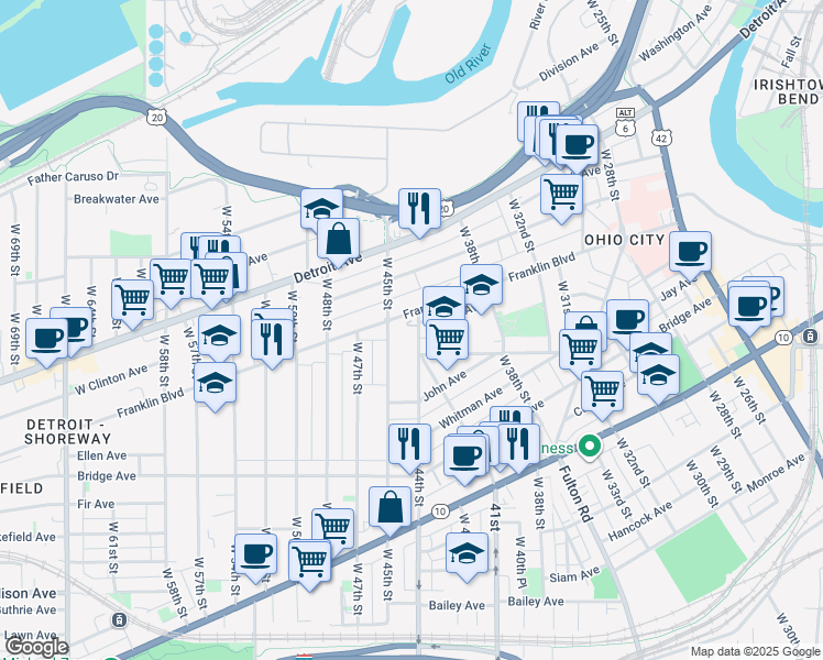 map of restaurants, bars, coffee shops, grocery stores, and more near 4410 Franklin Boulevard in Cleveland