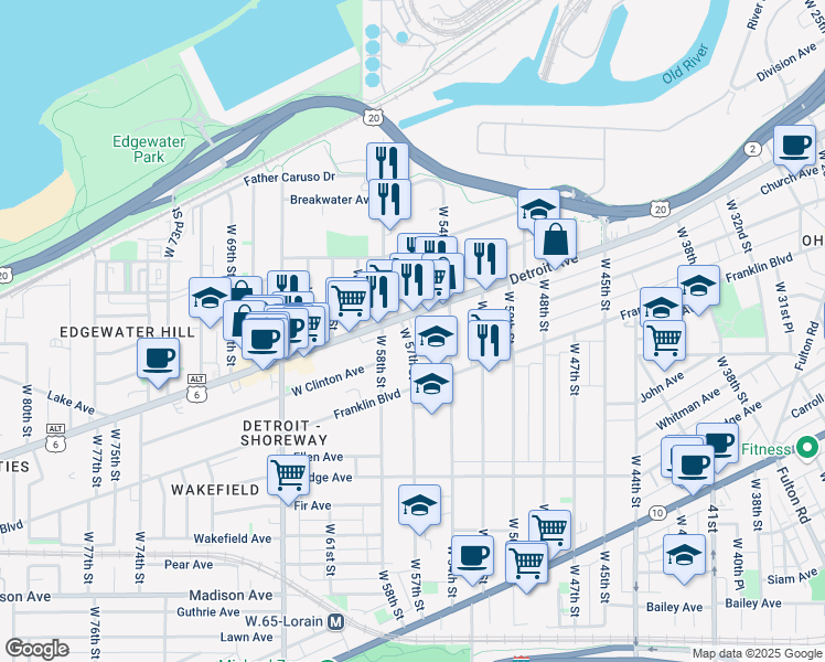 map of restaurants, bars, coffee shops, grocery stores, and more near 5417 Detroit Avenue in Cleveland