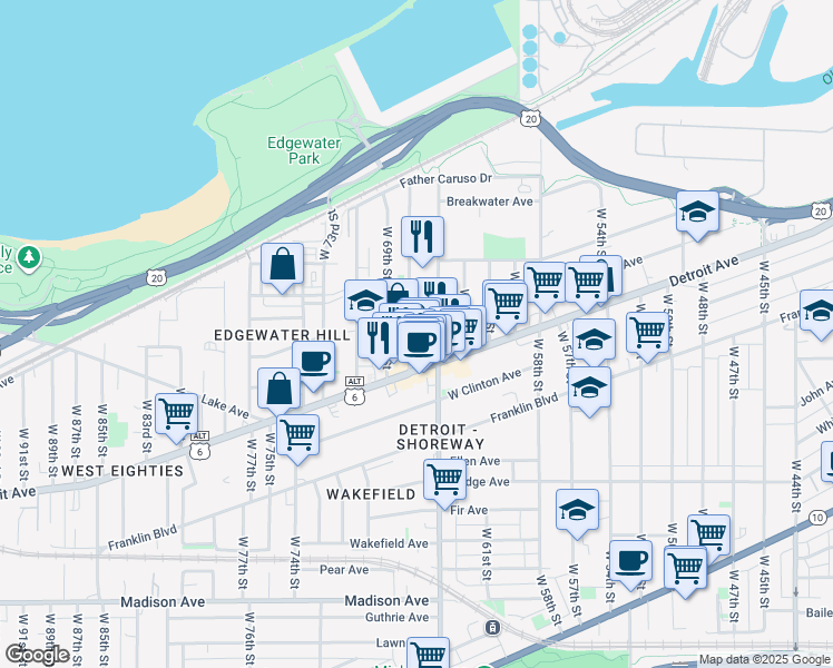 map of restaurants, bars, coffee shops, grocery stores, and more near 1346 West 65th Street in Cleveland