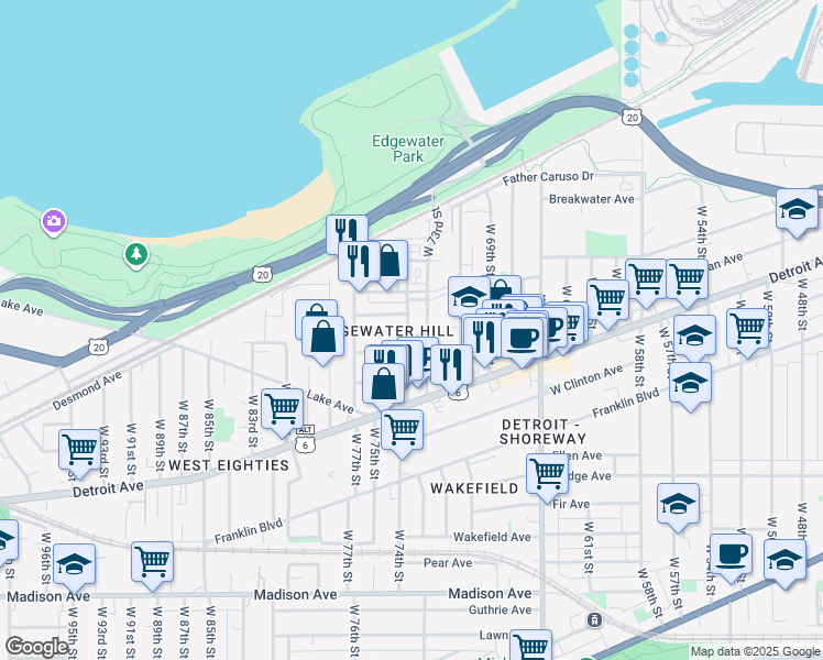 map of restaurants, bars, coffee shops, grocery stores, and more near 1304 West 73rd Street in Cleveland