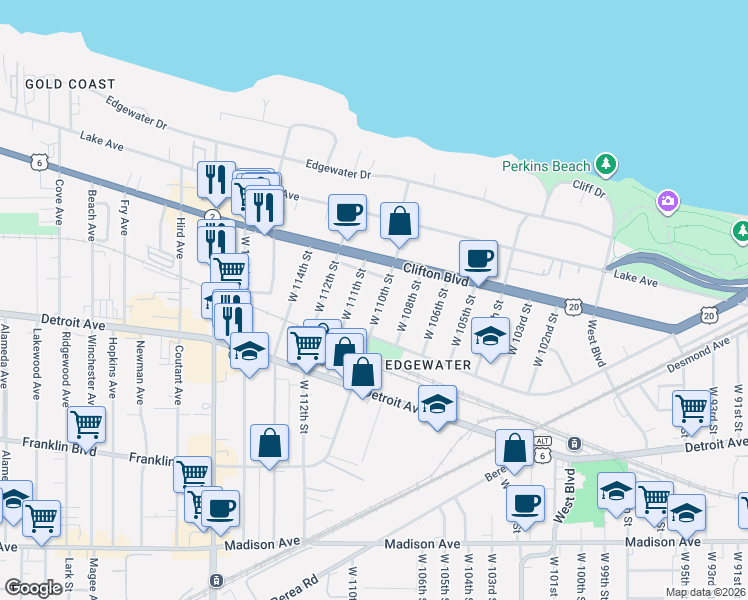 map of restaurants, bars, coffee shops, grocery stores, and more near 1273 West 111th Street in Cleveland