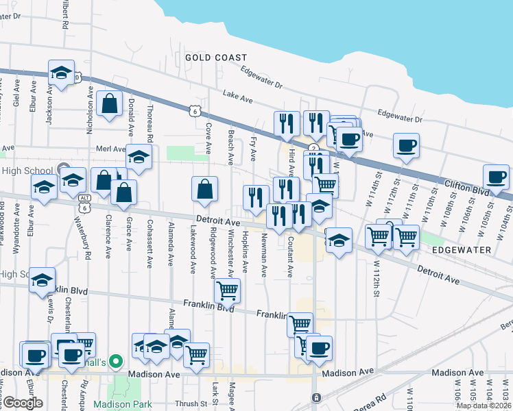 map of restaurants, bars, coffee shops, grocery stores, and more near 1347 Fry Avenue in Lakewood
