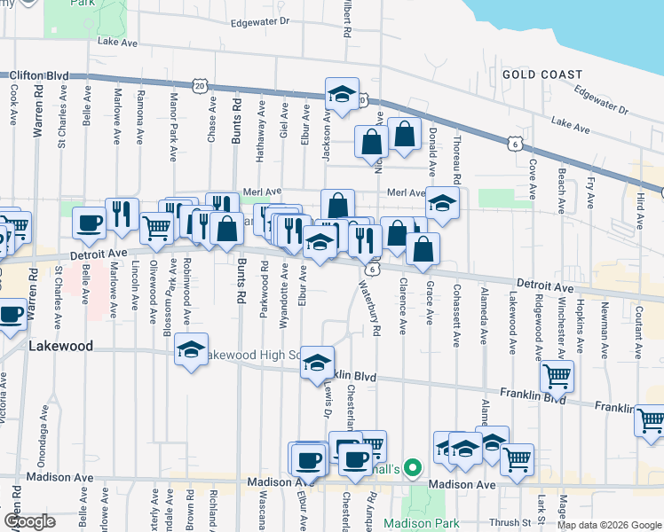 map of restaurants, bars, coffee shops, grocery stores, and more near 13600 Detroit Avenue in Lakewood