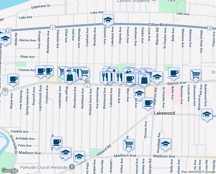 map of restaurants, bars, coffee shops, grocery stores, and more near 15622 Detroit Avenue in Lakewood