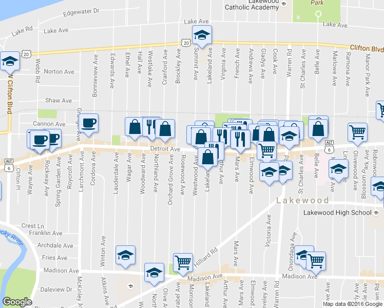 map of restaurants, bars, coffee shops, grocery stores, and more near 15622 Detroit Avenue in Lakewood