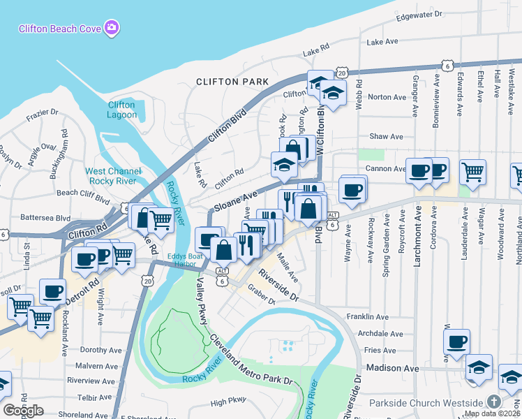 map of restaurants, bars, coffee shops, grocery stores, and more near 18415 Sloane Avenue in Lakewood