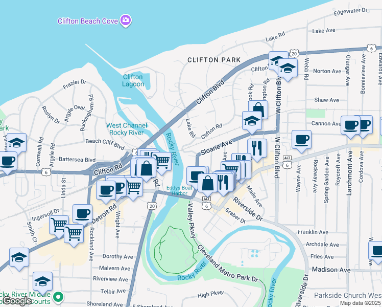 map of restaurants, bars, coffee shops, grocery stores, and more near 18818 Sloane Avenue in Lakewood