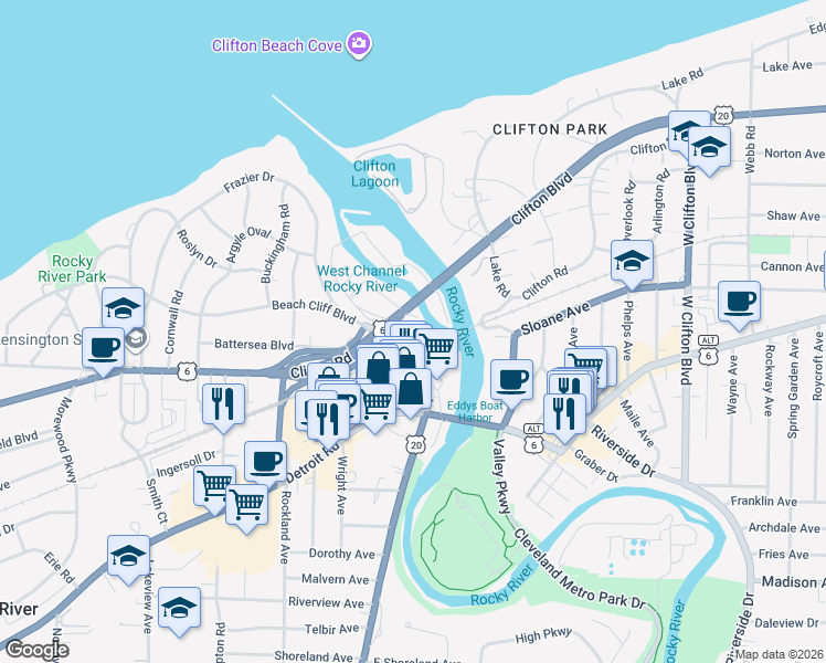 map of restaurants, bars, coffee shops, grocery stores, and more near 359 Riverdale Drive in Rocky River