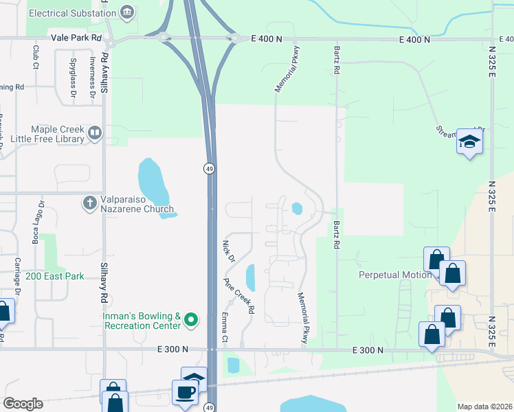 map of restaurants, bars, coffee shops, grocery stores, and more near 3527 Nell Drive in Valparaiso