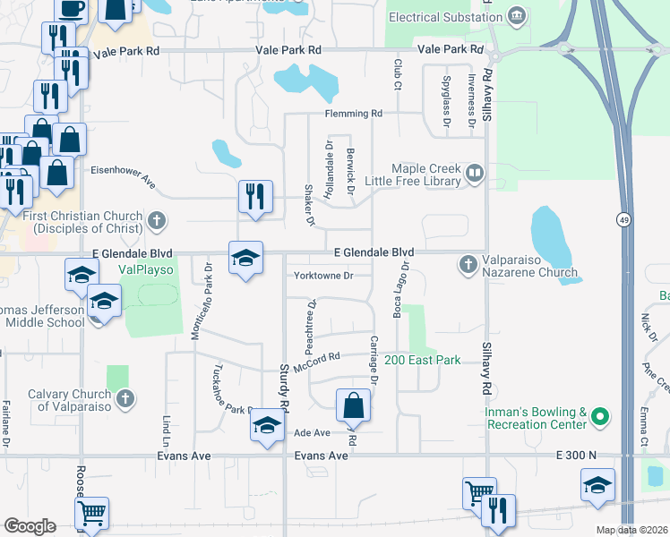 map of restaurants, bars, coffee shops, grocery stores, and more near 2126 East Glendale Boulevard in Valparaiso