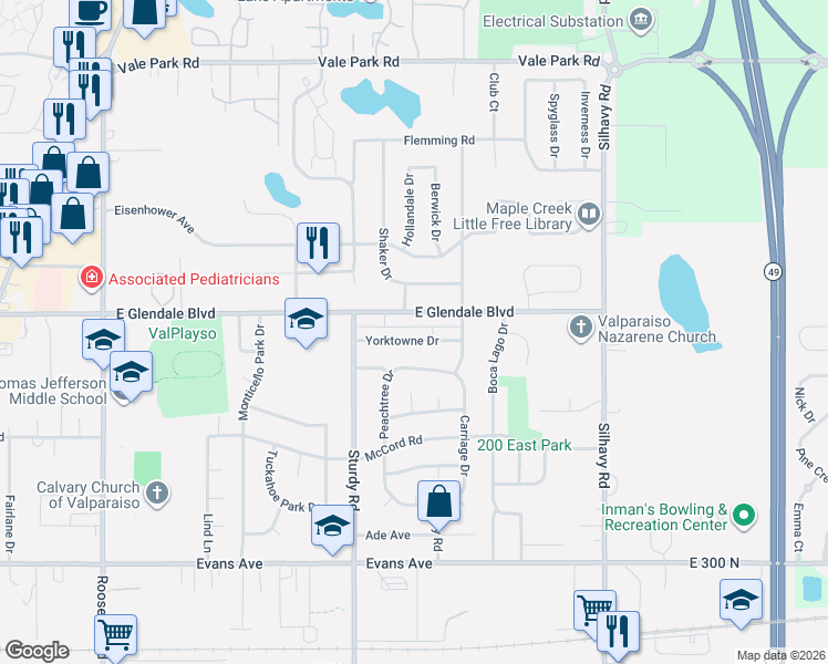 map of restaurants, bars, coffee shops, grocery stores, and more near 2126 East Glendale Boulevard in Valparaiso