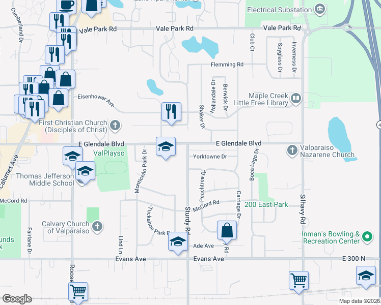 map of restaurants, bars, coffee shops, grocery stores, and more near 2003 East Glendale Boulevard in Valparaiso