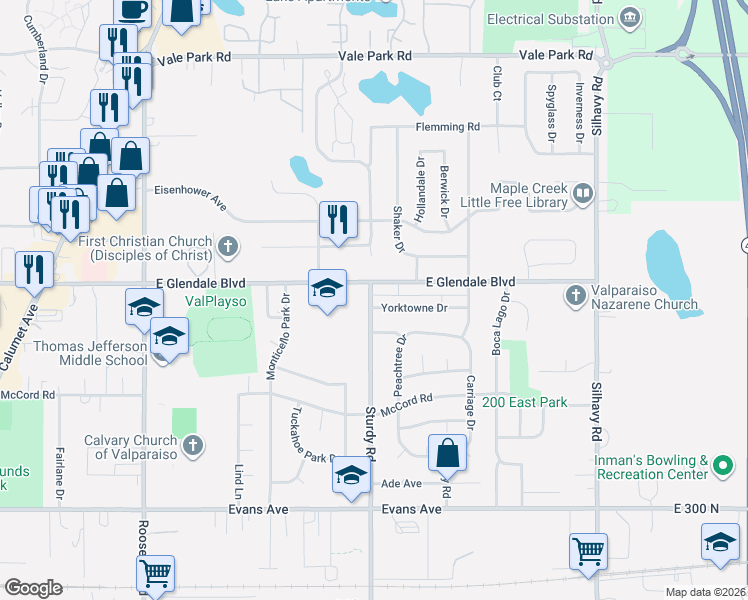 map of restaurants, bars, coffee shops, grocery stores, and more near 2003 East Glendale Boulevard in Valparaiso