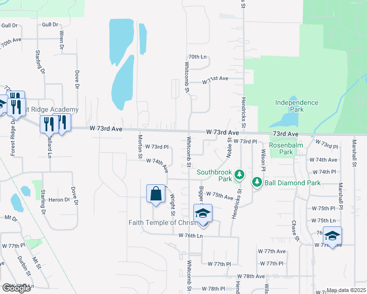 map of restaurants, bars, coffee shops, grocery stores, and more near 3985 W 73rd Ave in Merrillville