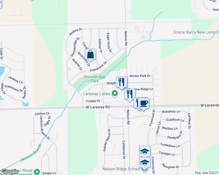 map of restaurants, bars, coffee shops, grocery stores, and more near 1115 Shagbark Road in New Lenox