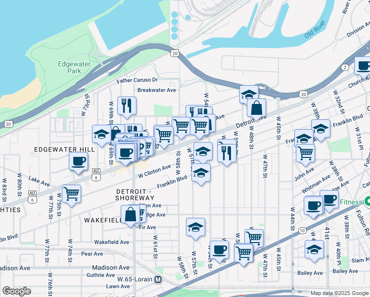 map of restaurants, bars, coffee shops, grocery stores, and more near in Cleveland