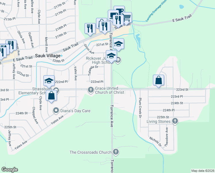 map of restaurants, bars, coffee shops, grocery stores, and more near 2525 223rd Street in Sauk Village