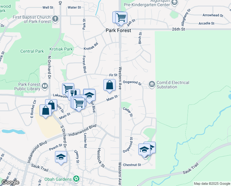 map of restaurants, bars, coffee shops, grocery stores, and more near 3080 Western Avenue in Park Forest