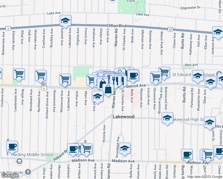map of restaurants, bars, coffee shops, grocery stores, and more near in Lakewood