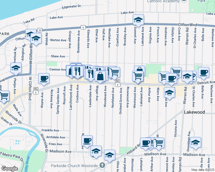 map of restaurants, bars, coffee shops, grocery stores, and more near 16306 Detroit Avenue in Lakewood