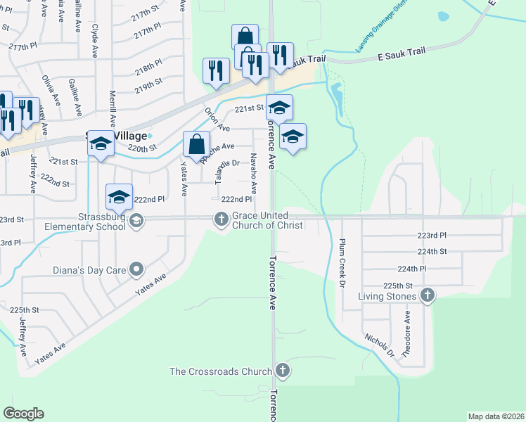 map of restaurants, bars, coffee shops, grocery stores, and more near 2525 223rd Street in Sauk Village
