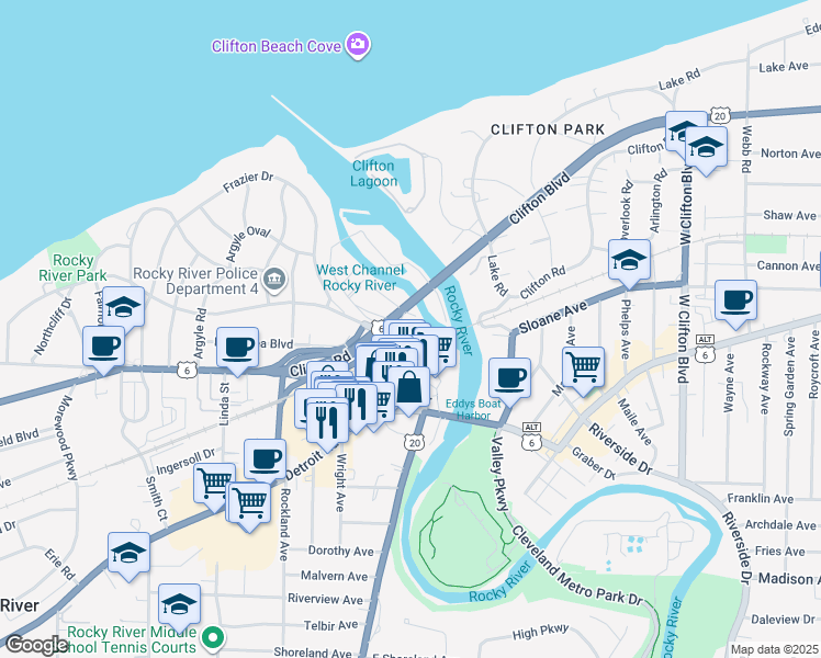 map of restaurants, bars, coffee shops, grocery stores, and more near 359 Riverdale Drive in Rocky River