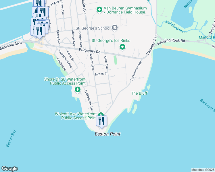 map of restaurants, bars, coffee shops, grocery stores, and more near 91 Kane Avenue in Middletown