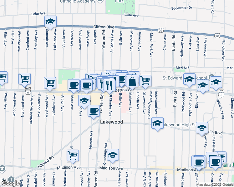map of restaurants, bars, coffee shops, grocery stores, and more near 14601 Detroit Avenue in Lakewood