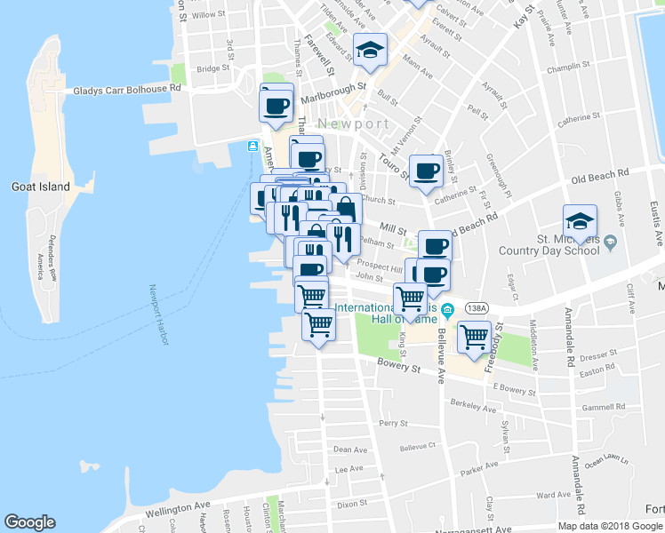 map of restaurants, bars, coffee shops, grocery stores, and more near 29 Franklin Street in Newport