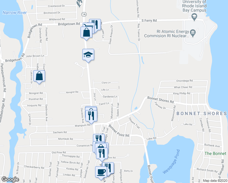 map of restaurants, bars, coffee shops, grocery stores, and more near 27 Lilly Lane in Narragansett