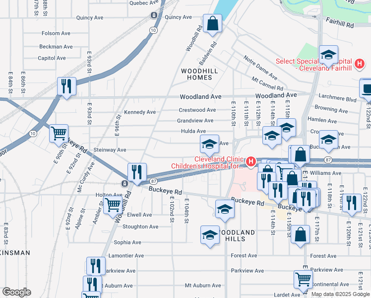 map of restaurants, bars, coffee shops, grocery stores, and more near 10301 Shale Avenue in Cleveland