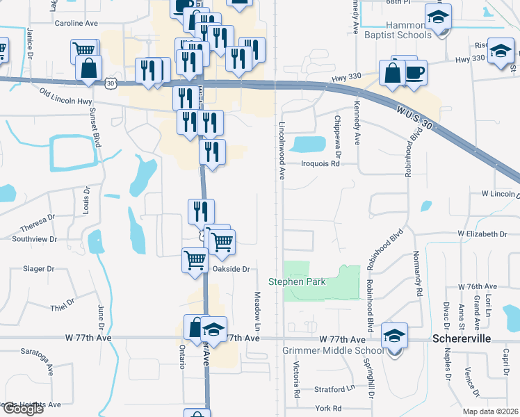 map of restaurants, bars, coffee shops, grocery stores, and more near 2029 Meadow Lane in Schererville