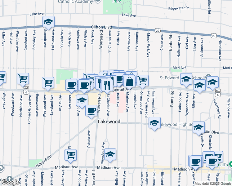 map of restaurants, bars, coffee shops, grocery stores, and more near 14601 Detroit Avenue in Lakewood