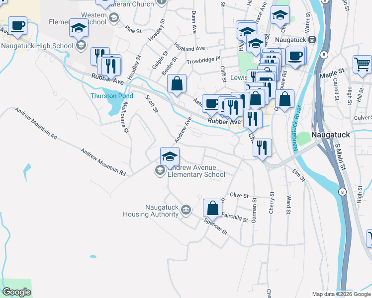 map of restaurants, bars, coffee shops, grocery stores, and more near 220 Scott Street in Naugatuck
