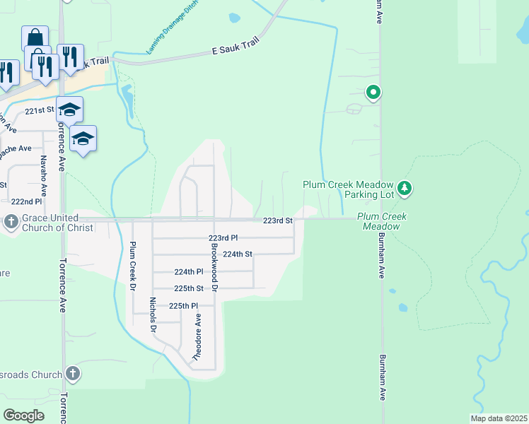 map of restaurants, bars, coffee shops, grocery stores, and more near 2741 East 223rd Street in Sauk Village