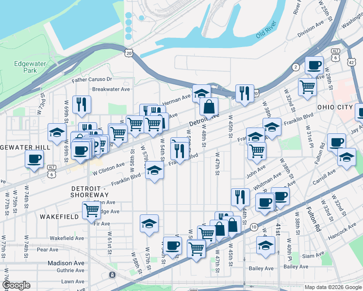 map of restaurants, bars, coffee shops, grocery stores, and more near 1428 West 50th Street in Cleveland