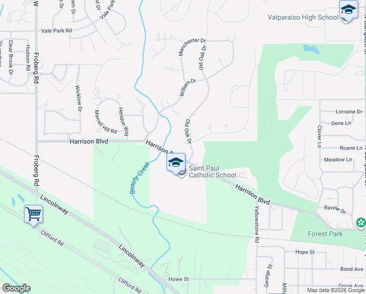 map of restaurants, bars, coffee shops, grocery stores, and more near 1798 Sherwood Court in Valparaiso