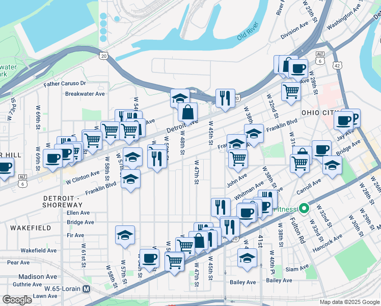 map of restaurants, bars, coffee shops, grocery stores, and more near in Cleveland