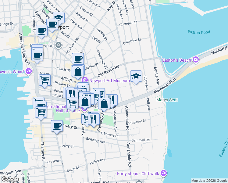 map of restaurants, bars, coffee shops, grocery stores, and more near 27 Red Cross Avenue in Newport