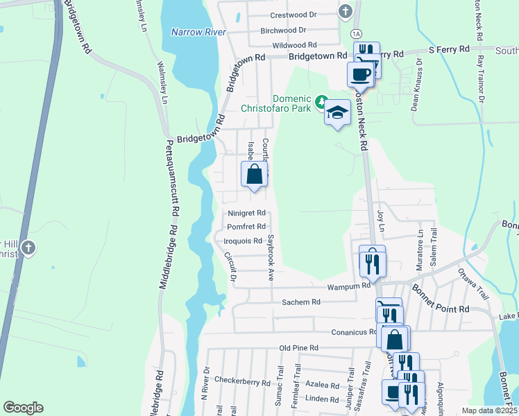 map of restaurants, bars, coffee shops, grocery stores, and more near 60 Courtland Drive in Narragansett