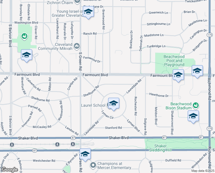 map of restaurants, bars, coffee shops, grocery stores, and more near 23575 Shelburne Road in Shaker Heights