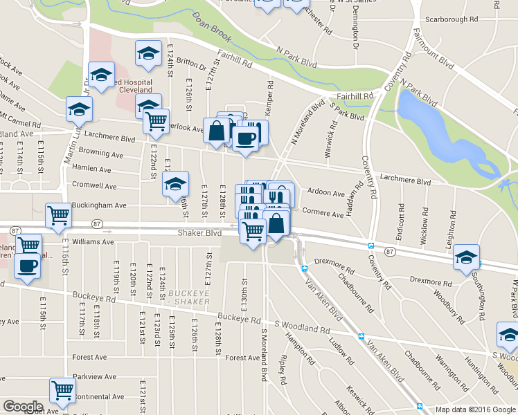map of restaurants, bars, coffee shops, grocery stores, and more near 2666 North Moreland Boulevard in Cleveland