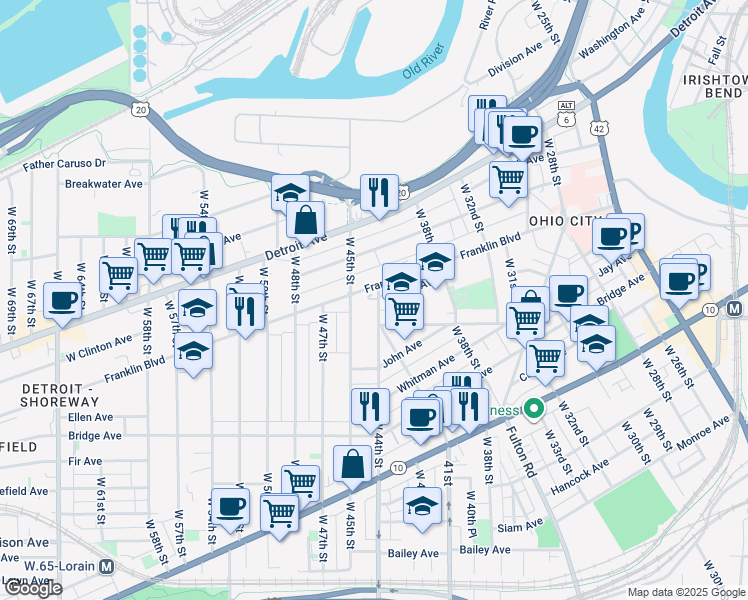 map of restaurants, bars, coffee shops, grocery stores, and more near 4410 Franklin Boulevard in Cleveland