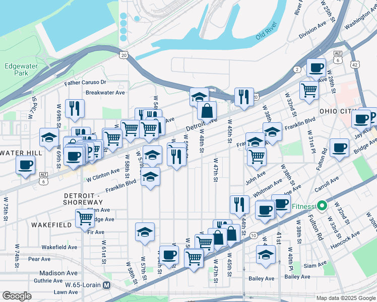 map of restaurants, bars, coffee shops, grocery stores, and more near 1428 West 50th Street in Cleveland