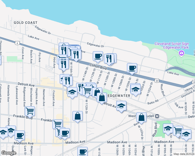 map of restaurants, bars, coffee shops, grocery stores, and more near 1283 West 112th Street in Cleveland