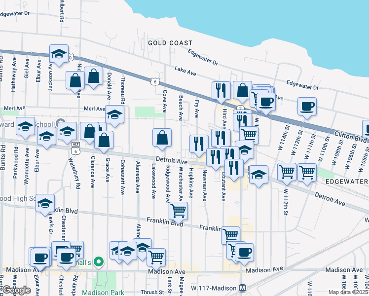 map of restaurants, bars, coffee shops, grocery stores, and more near 1344 Beach Avenue in Lakewood