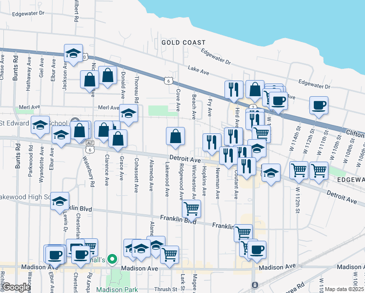 map of restaurants, bars, coffee shops, grocery stores, and more near 1358 Cove Avenue in Lakewood